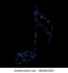 Sky blue and cyan flying musical notes isolated on black background. Fresh musical notation symphony signs, notes for sound and tune music. Vector symbols for melody recording, print or design.