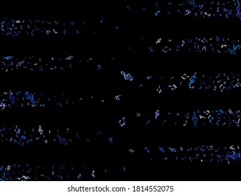 Sky blue and cyan flying musical notes isolated on black backdrop. Bright musical notation symphony signs, notes for sound and tune music. Vector symbols for melody recording, print or design.