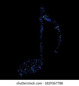 Sky blue and cyan flying musical notes isolated on black background. Fresh musical notation symphony signs, notes for sound and tune music. Vector symbols for melody recording, print or design.