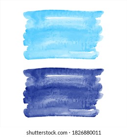 Sky blue, dark ocean blue watercolor vector brush strokes, smears set. Uneven, rough, artistic rectangle shape with stains. Painted texture, text frame. Marine, water background, template for banners.