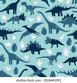 Sky blue dinosaurs with leaves and eggs seamless pattern background print. Vector illustration. Great for kids and fun home decor. Boys Easter inspired surface pattern design.