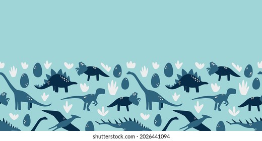Sky blue dinosaurs with leaves and eggs seamless border background print. Vector illustration. Great for kids and fun home decor. Boys Easter inspired surface pattern design.