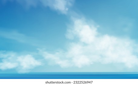 Sky Blue Dramatic Cloud Over Ocean Horizon, Panorama Landscape, Beautiful Sea Cloudy Background In Daylight, Sunrise Sun Over Beach, Coastal Nature Scenery, Summer Travel Banner And Copy Space.