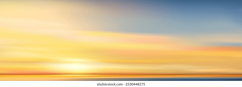 Sky Blue Dramatic Cloud Over Ocean Horizon, Panorama Landscape, Beautiful Sea Cloudy Background In Daylight, Sunrise Sun Over Beach, Coastal Nature Scenery, Summer Travel Banner And Copy Space.