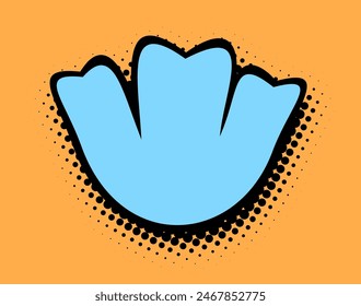 A sky blue floral shape stands out with a sharp black outline against a saffron orange backdrop, dotted with halftone for a lively pop art composition.