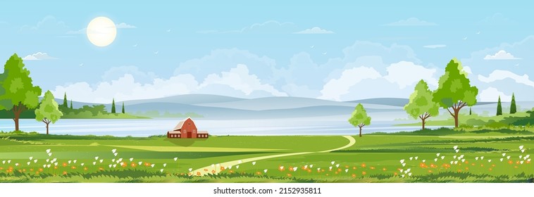 Sky Blue Garden, Cloud Field Background, Forest Sun Over Grass Farm, Beautiful Scenery, Green Outdoor Vector Flower Summer Landscape, Nature Illustration, Seasonal Countryside Banner And Copy Space.