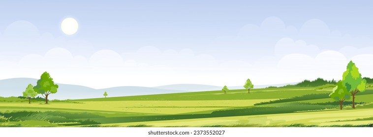 Sky Blue Garden, Cloud Field Background, Forest Sun Over Grass Farm, Beautiful Scenery, Green Outdoor Vector Flower Summer Landscape, Nature Illustration, Seasonal Countryside Banner And Copy Space.