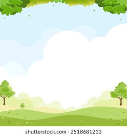 Sky Blue Garden, Cloud Field Background, Forest Sun Over Grass Farm, Beautiful Scenery, Green Outdoor Vector Flower Summer Landscape, Nature Illustration, Seasonal Countryside Banner And Copy Space.