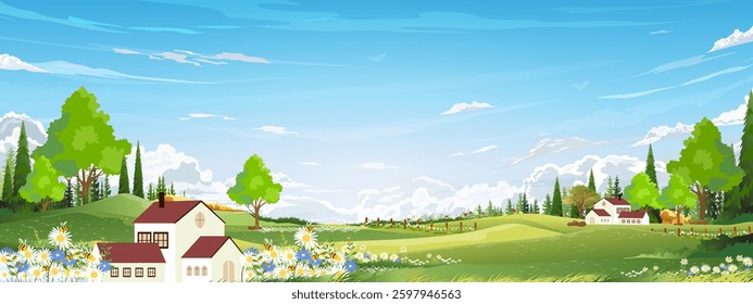 Sky Blue Garden, Cloud Field Background, Forest Sun Over Grass Farm, Beautiful Scenery, Green Outdoor Vector Flower Summer Landscape, Nature Illustration, Seasonal Countryside Banner And Copy Space.