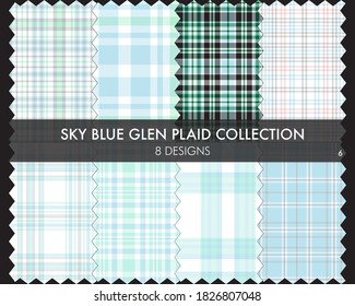 Sky Blue Glen Plaid Tartan seamless pattern collection includes 8 designs for fashion textiles and graphics