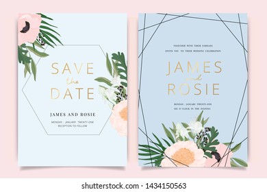 sky Blue and green Wedding Invitation, floral invite thank you, rsvp modern card Design in white flower with poppy and leaf greenery  branches decorative Vector elegant rustic template