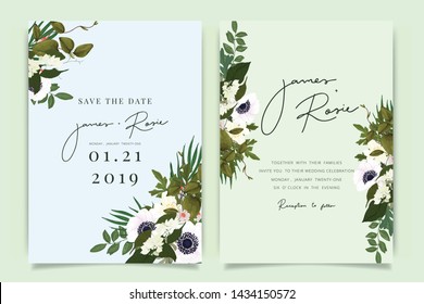 sky Blue and green Wedding Invitation, floral invite thank you, rsvp modern card Design in white flower with poppy and leaf greenery  branches decorative Vector elegant rustic template