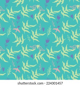 Sky blue hand drawn seamless pattern with leaves, flowers and flying birds. Vector illustration.