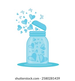 Sky blue  hearts and butterfly
 stored inside a transparent glass jar. love jar