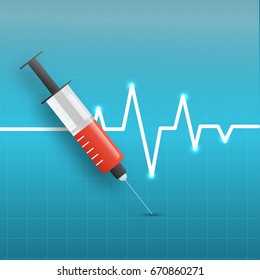 Sky Blue Medical background with syringe and white electrocardiogram.