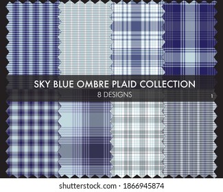 Sky Blue Ombre Plaid textured seamless pattern collection includes 8 design swatches suitable for fashion textiles and graphics
