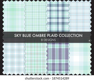 Sky Blue Ombre Plaid textured seamless pattern collection includes 8 design swatches suitable for fashion textiles and graphics