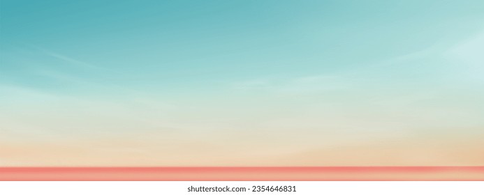 Sky blue pastel with orange, peach,light green by the sea,Vector nature cloud sky landscape with Sunset in evening,Horizon Sunrise in Morning banner of Sunlight for four season backdrop