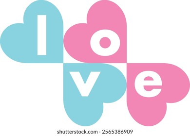 sky blue and pink heart shape with word love white color isolated on white background.