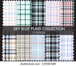 Sky Blue Plaid, tartan seamless pattern collection includes 10 designs suitable for fashion textiles and graphics