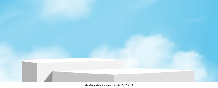 Sky Blue Podium Background, White Platform for Cosmetic Blue Product Display, Summer Stage Stand, 3D White Cloud Banner Mockup, Spring Scene For Skincare Advertising, Beauty Branding And Presentation.
