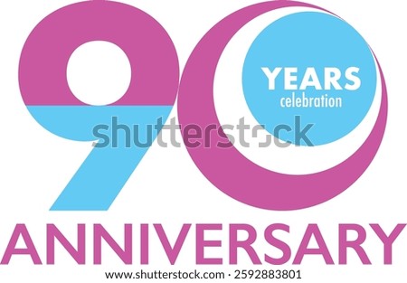 Sky blue and purple number 90. the word years celebration white color in the sky blue circle, and the word anniversary is purple at the bottom.