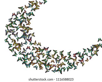 Sky blue, red and cyan flying butterflies isolated on white backdrop. Vector symbols for melody recording, print or design.