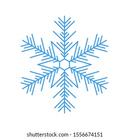 Sky blue snowflake icon - a symbol of winter holidays, xmas and new year, cold weather and frost - isolated on white background. Elegant ornate vector design element. 