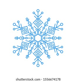 Sky blue snowflake icon - a symbol of winter holidays, xmas and new year, cold weather and frost - isolated on white background. Elegant ornate vector design element. 