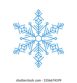 Sky blue snowflake icon - a symbol of winter holidays, xmas and new year, cold weather and frost - isolated on white background. Elegant ornate vector design element. 