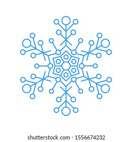Sky blue snowflake icon - a symbol of winter holidays, xmas and new year, cold weather and frost - isolated on white background. Elegant ornate vector design element. 