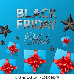 Sky blue square Black Friday Sale banner or social media post vector template. Silver shiny lettering with black stars and sky blue covered gifts with shiny red bows.