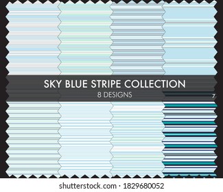 Sky Blue striped seamless pattern collection includes 8 designs for fashion textiles, graphics