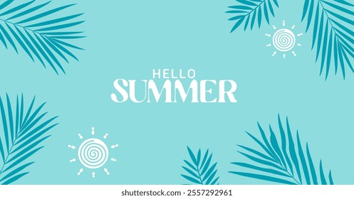 Sky Blue summer tropical background with tropical palm leaves. Minimal summer creative flat design for website, summer sales, promotion, ads or social media post
