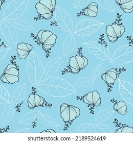 Sky blue vector artistic hand drawn ornamental flowers leaves garden ditsy seamless pattern background. Great for delicate fabric print, textile, covers, packaging and more