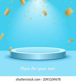 Sky blue vector banner with falling shiny confetti and round 3d podium. Light blue studio. Winner stage, pedestal. The first place. Place for text. Spotlight. Winter, spring sale, discount poster. 