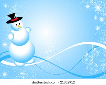 A sky blue vector christmas scene with a snowman and swirls and snowflakes