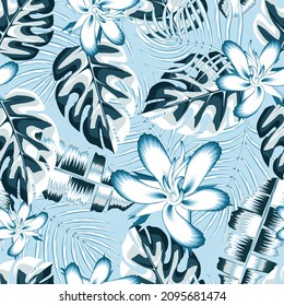 sky blue vector design illustration with monochromatic abstract hibiscus flowers tropical seamless pattern fashionable with dark light monstera palm leaves and banana foliage. Exotic tropic. Summer de