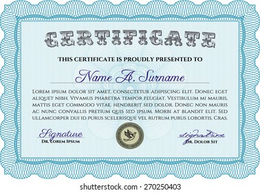 Sky blue Voucher, Gift certificate, Coupon template with border, frame. Background design for invitation, banknote, money design, currency, check. 