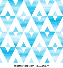 Sky blue watercolor triangles abstract seamless vector pattern. Hand drawn texture. Sky or heaven geometrical background.