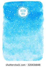Sky blue winter watercolor abstract background  with falling snow splash texture. Christmas, New Year painted template. Gradient fill. Rough edges. Snowfall texture. Snowflakes are removable.