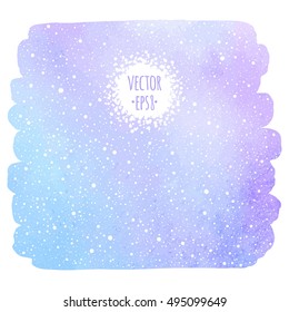 Sky blue winter watercolor background with falling snow texture. Christmas, New Year hand drawn template with tiny dots, specks, snowflakes.Brush stroke, uneven rounded edge. Watercolour stains.