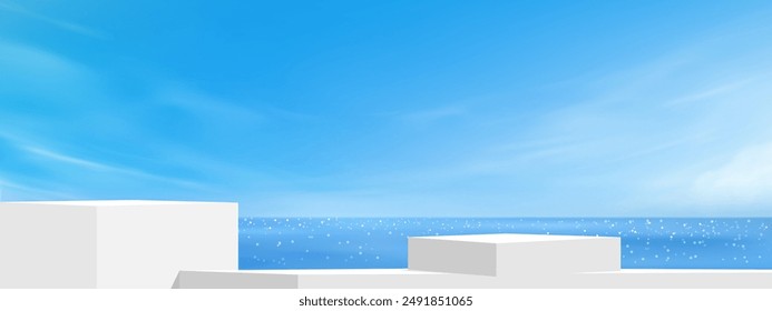 Sky Blue,Cloud and 3d Podium stand Display Background,Horizon Summer Sky over beach,Vector landscape nature sunrise in Winter,Spring panorama banner white clouds over blue ocean