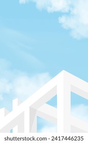 Sky blue,Cloud background, 3d White Podium step display mockup for cosmetic product present,Vector minimal backdrop scene grey architecture,Vertical Design banner for Spring,Summer background