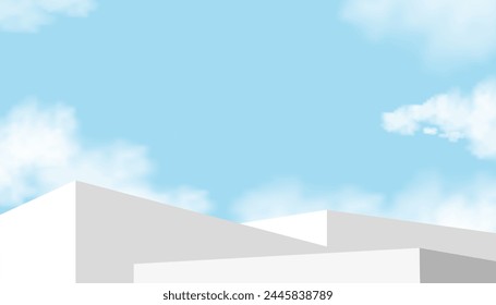 Azul cielo, fondo de la nube, maqueta de la exhibición del paso del podio blanco 3d para el producto cosmético presente, Vector mínimo del fondo gris de la escena, Anuncio del diseño de la Vertical para la primavera, fondo del verano