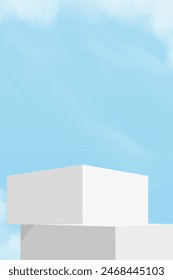 Sky blue,Cloud background, 3d White Podium step display mockup for cosmetic product present,Vector minimal backdrop scene grey Platform,Vertical Design banner for Spring,Summer background