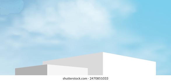 Sky blue,Cloud background, 3d White Podium step display mockup for cosmetics product present,Vector minimal backdrop scene grey Platform,Vertical Design banner for  Spring,Summer background