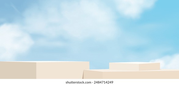Azul cielo, fondo de la nube, maqueta de la exhibición del paso del podio amarillo 3d para el producto cosmético presente, escenario mínimo del telón de fondo del Vector gris Platform, Anuncio de diseño de la Vertical para la primavera, fondo del verano