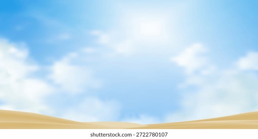 Cielo azul, fondo de la nube sobre la playa de la arena en verano, paisaje del desierto de la Naturaleza con el día soleado en el cielo claro, horizonte para el juego de la escena de la animación, vacaciones de verano, ilustración educativa sobre naturaleza y clima