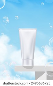 Sky Blue,Cloud Background with Silver cosmetic skincare tube on White Podium Platform Step and Bubbles,Vector Minimal 3d Display for Summer Beauty Product Presentation Banner Design Nature Spring Sky